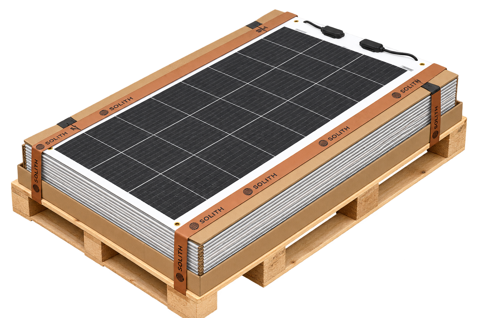 Paneles Panel solar flexible apilados en palé con cintas Solith