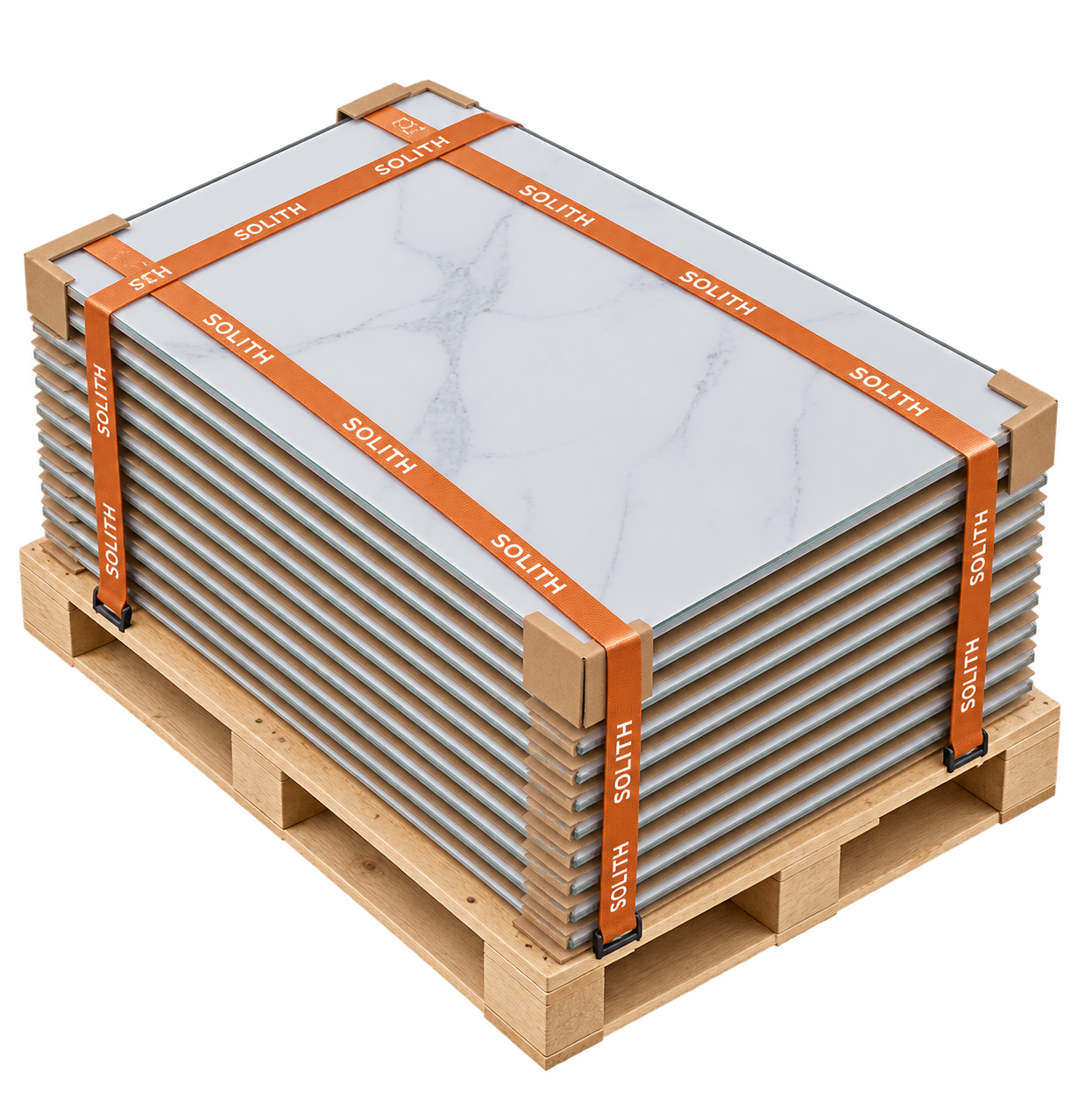 Paneles Panel solar de fachada apilados en palé con cintas Solith