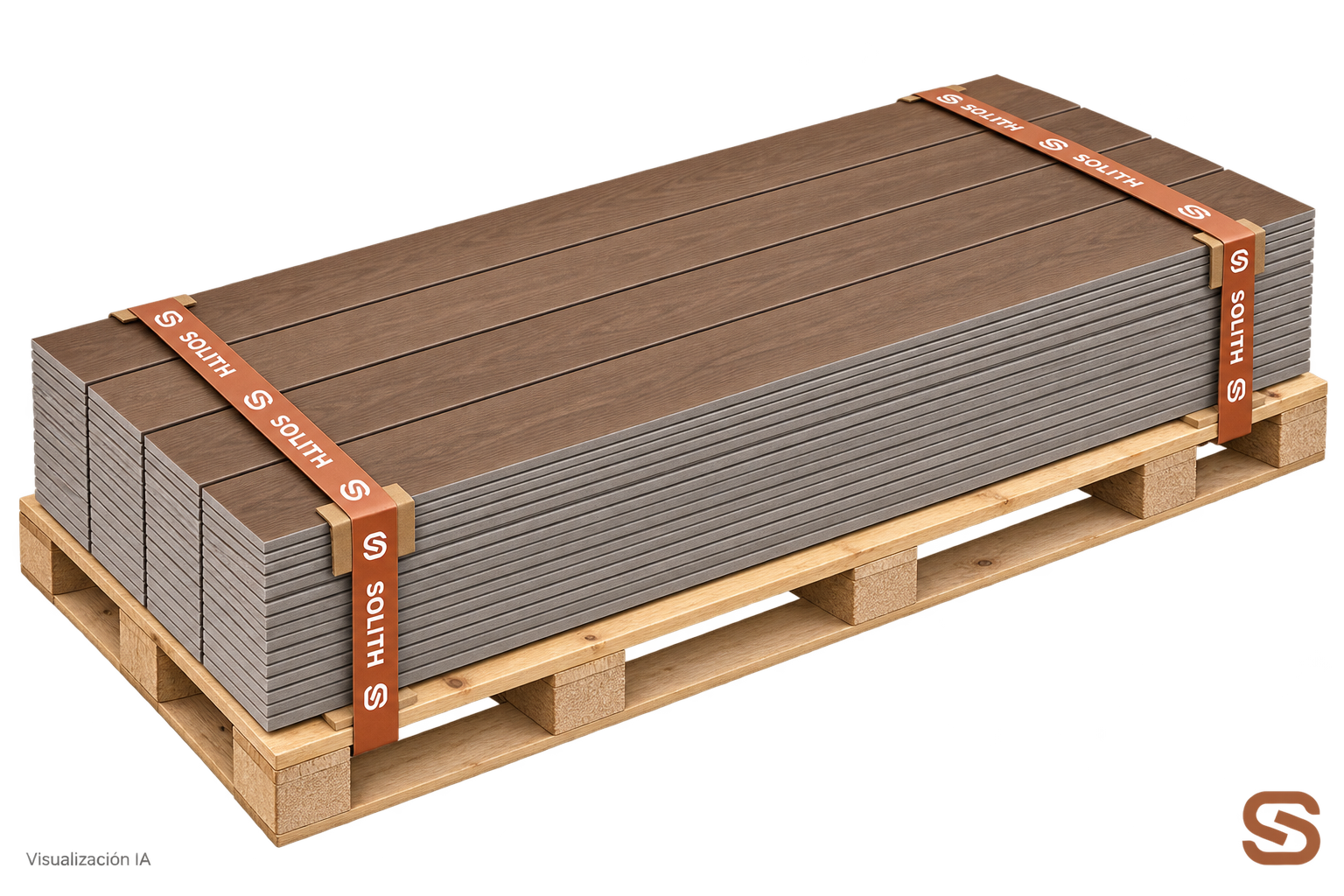 Paneles Placa efecto madera apilados en palé con cintas Solith