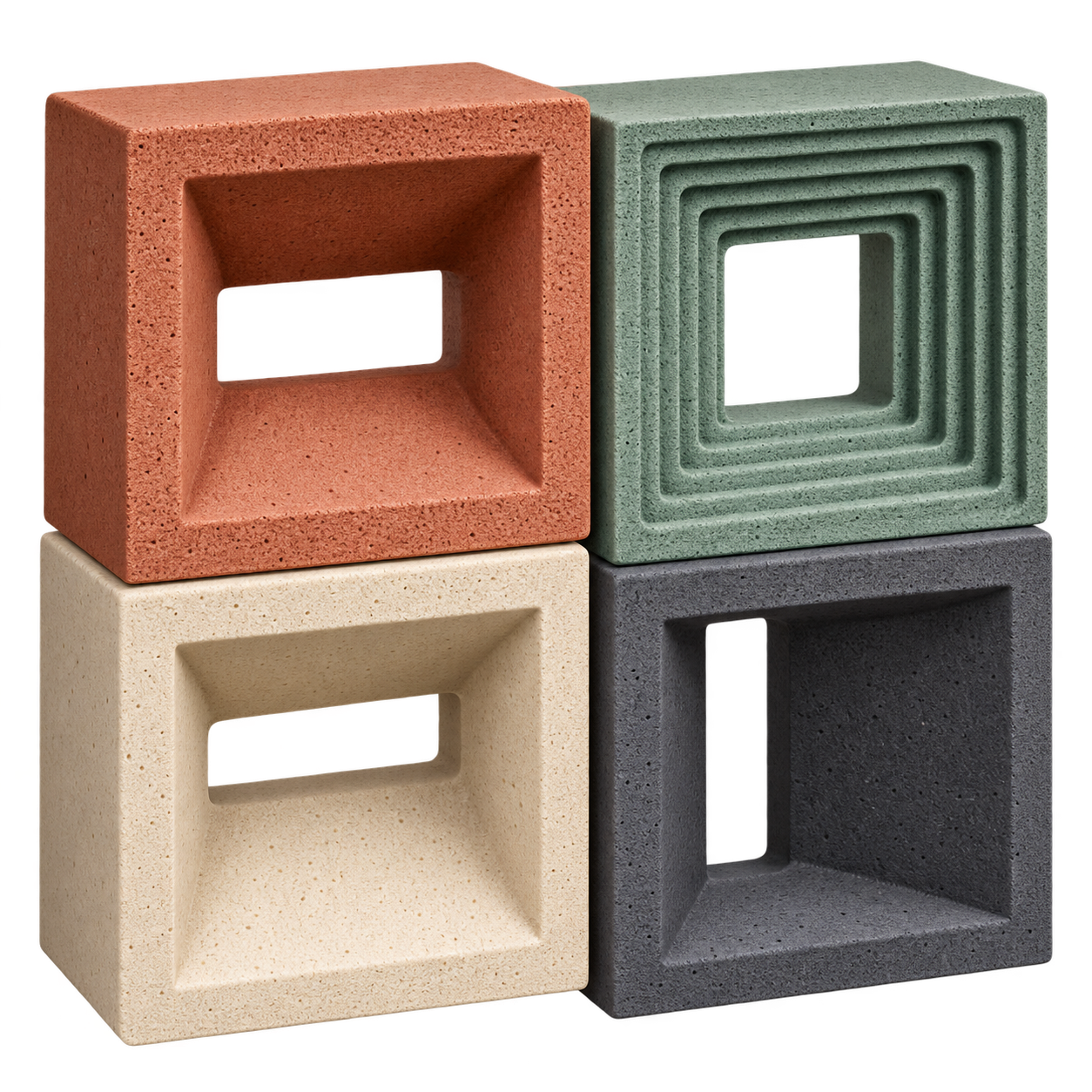 Visualización conceptual de cuatro bloques cerámicos calados de colores