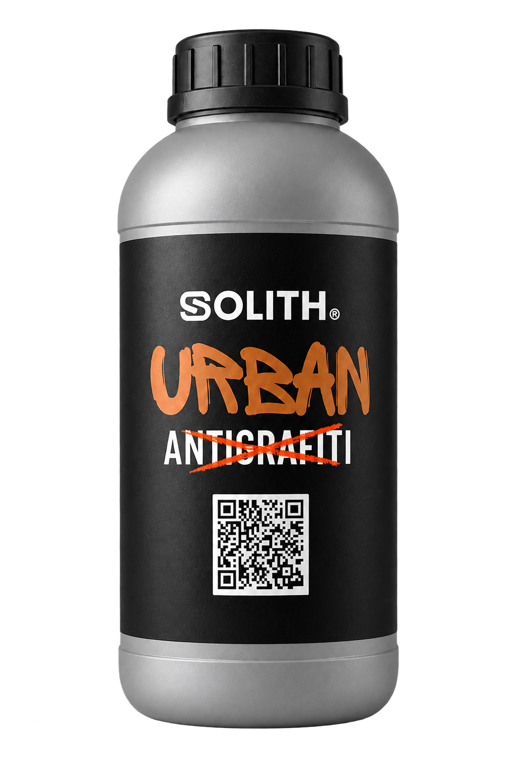 Botella Urban Antigrafiti líquido de color gris, con tapón negro y etiqueta negra y cobre